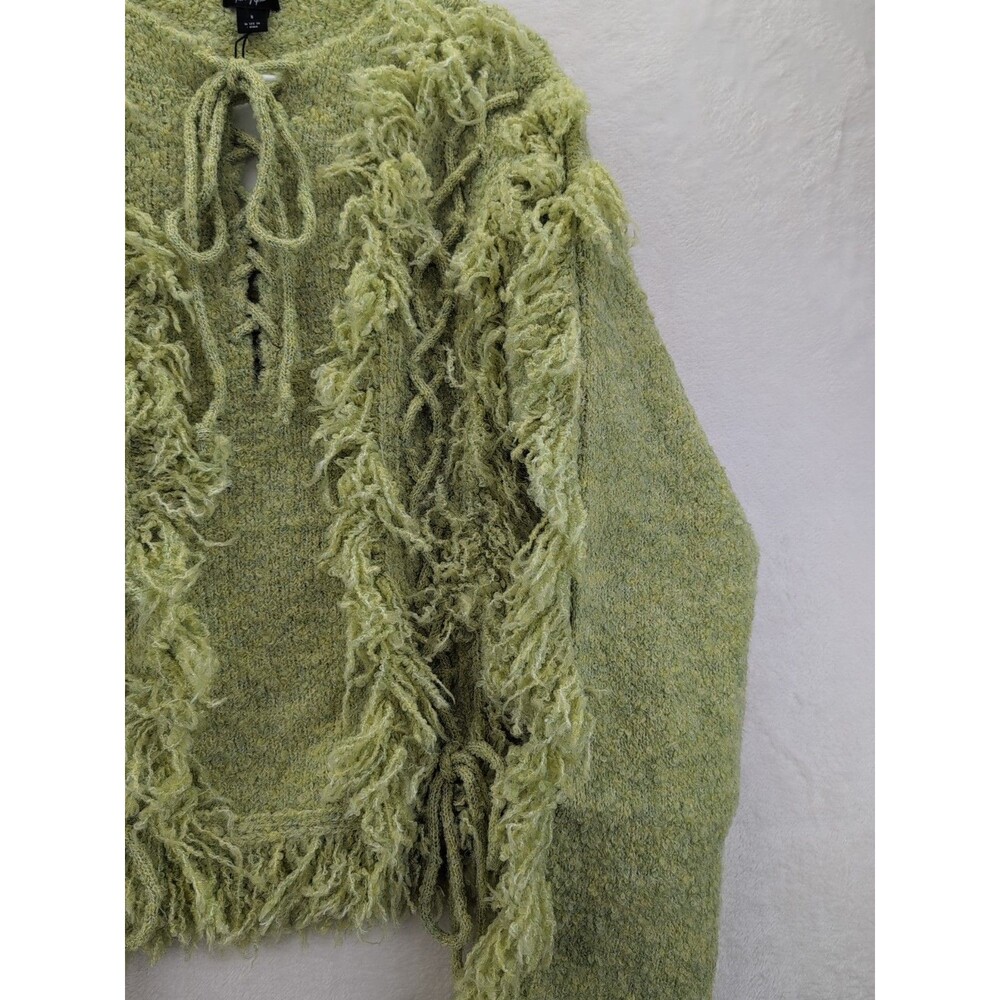Nasty Gal Olive Green Textured Fringe V-Neck Sweater - Picture 7 of 13